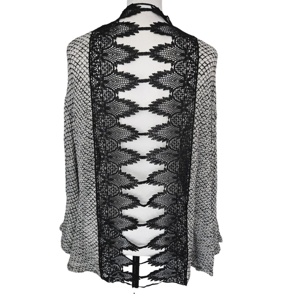 Black Lace Back Slouchy Knit Open Front Cardigan Sweater Sz M